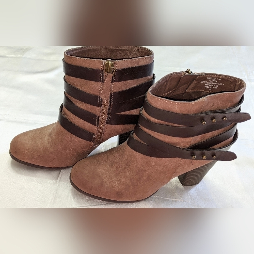 Madden Girl Deluxxxe Women's Strappy Ankle Boots Size 7.5M Zip Closure Brown - Picture 1 of 10